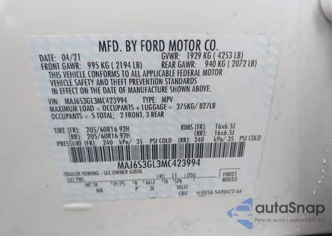 2021 Ford Ecosport Se z USA, uszkodzony, nr VIN MAJ6S3GL3MC423994